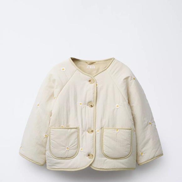 Zara Kids Cream Puffer Jacket with Daisy Embroidery - Picture 1 of 8